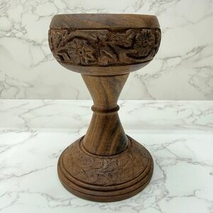 VTG Carved Wood Candle Holder Pedestal India Floral Design Rustic Warm Decor